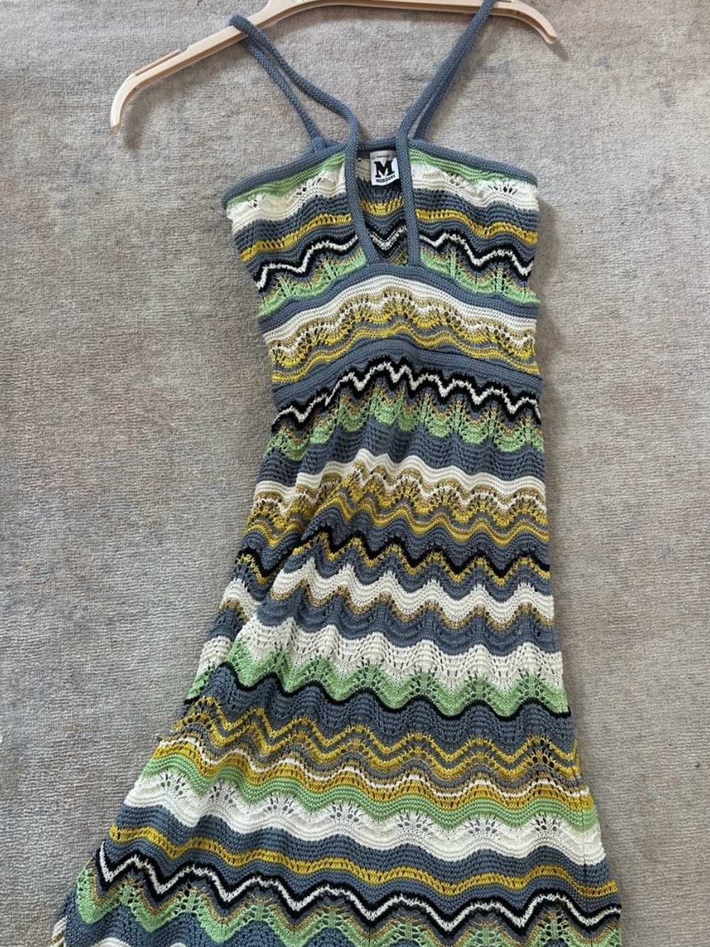 Missoni Crochet Zigzag Midi Dress in Green, Gray & White with Yellow Accents